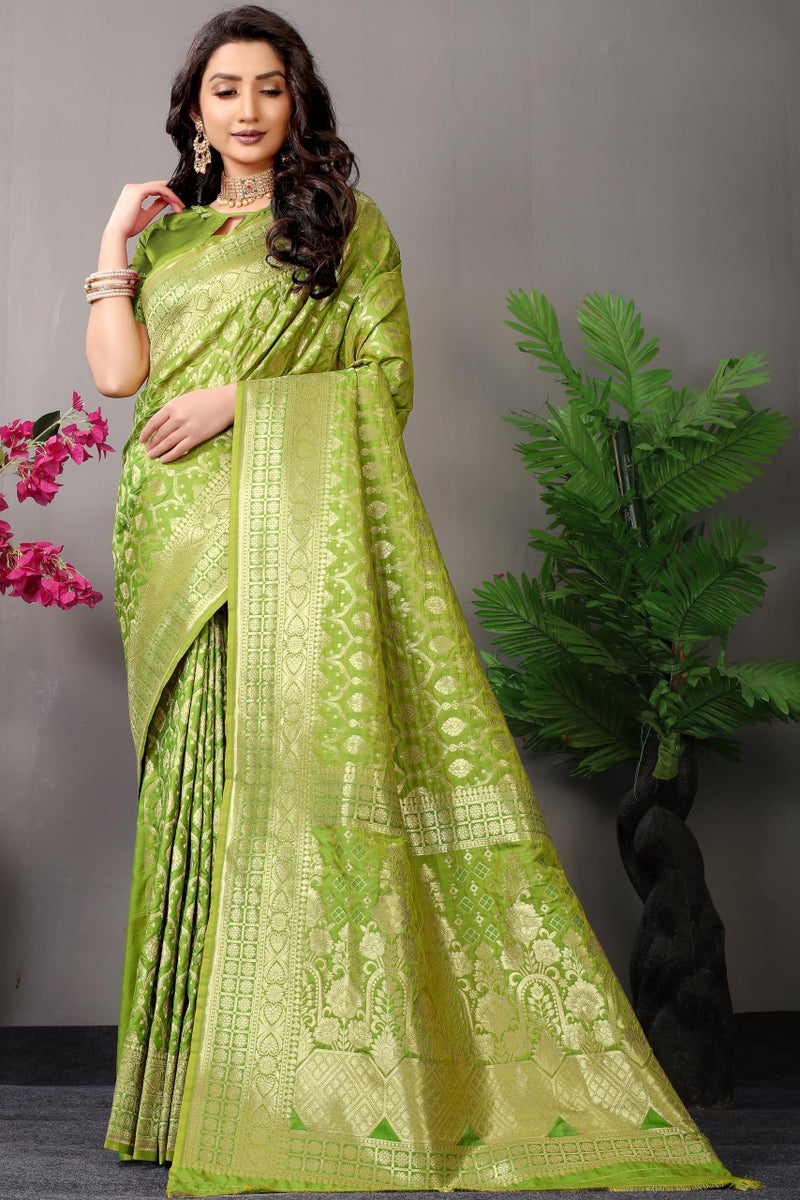 AMIRAT Banarasi Silk Golden Zari Woven Women Silk Saree With Blouse (Parrot Green) - Image 3