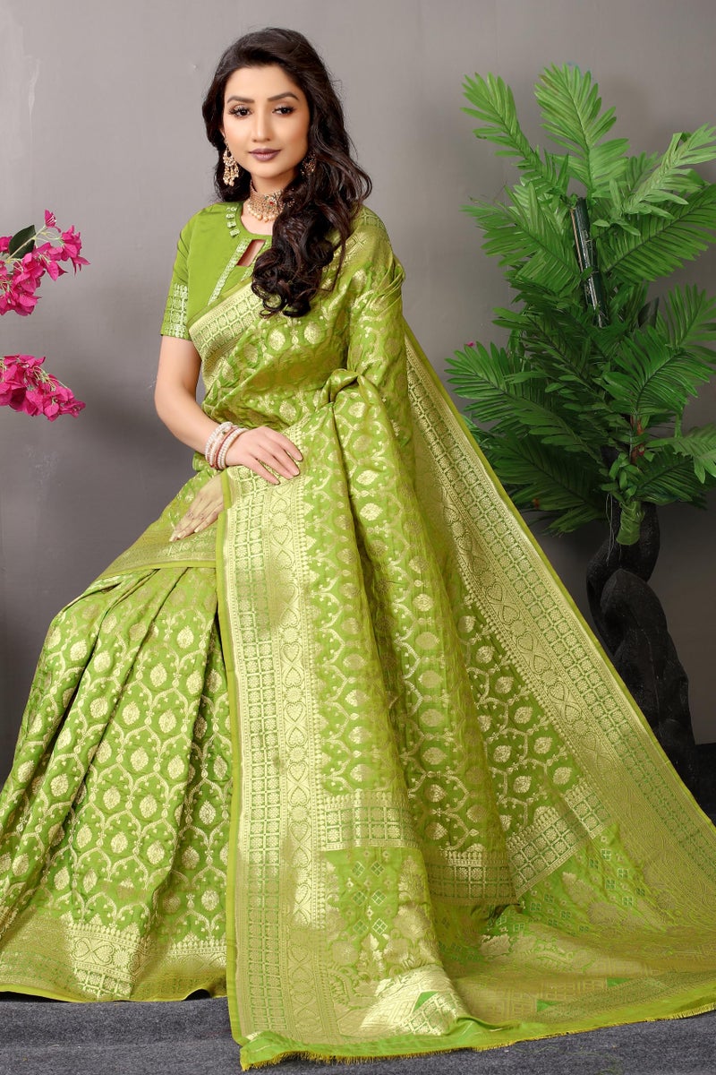 AMIRAT Banarasi Silk Golden Zari Woven Women Silk Saree With Blouse (Parrot Green) - Image 5