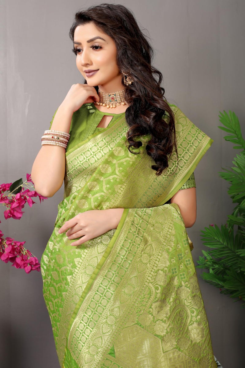 AMIRAT Banarasi Silk Golden Zari Woven Women Silk Saree With Blouse (Parrot Green) - Image 4