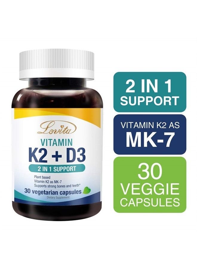 Lovita - Vitamin K2 + D3, 400 IU Vegan Vitamin D3 & 120 mcg Vitamin K2 (MK-7), 2 in 1 Formula, Immune Vitamin Complex, Supports Your Heart, Teeth and Immune Function, 30 Vegetarian Capsules - Image 1