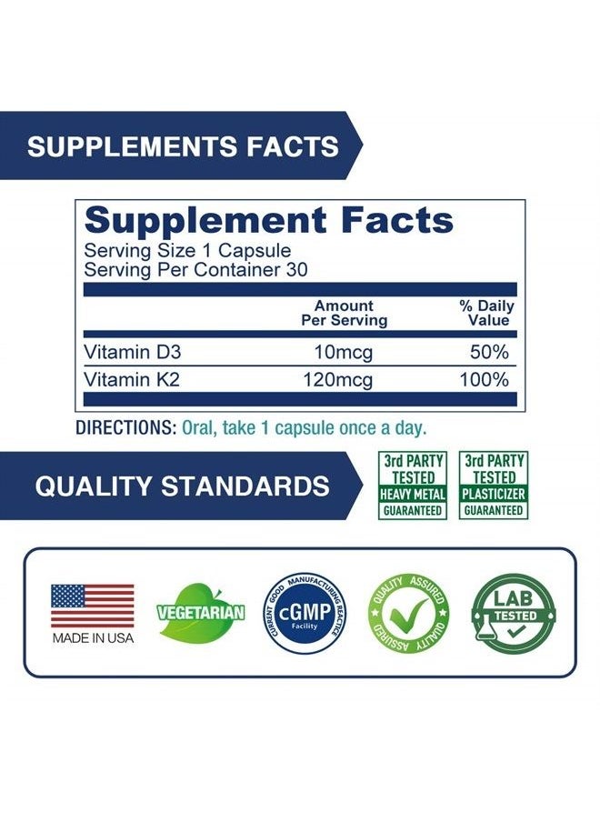 Lovita - Vitamin K2 + D3, 400 IU Vegan Vitamin D3 & 120 mcg Vitamin K2 (MK-7), 2 in 1 Formula, Immune Vitamin Complex, Supports Your Heart, Teeth and Immune Function, 30 Vegetarian Capsules - Image 1