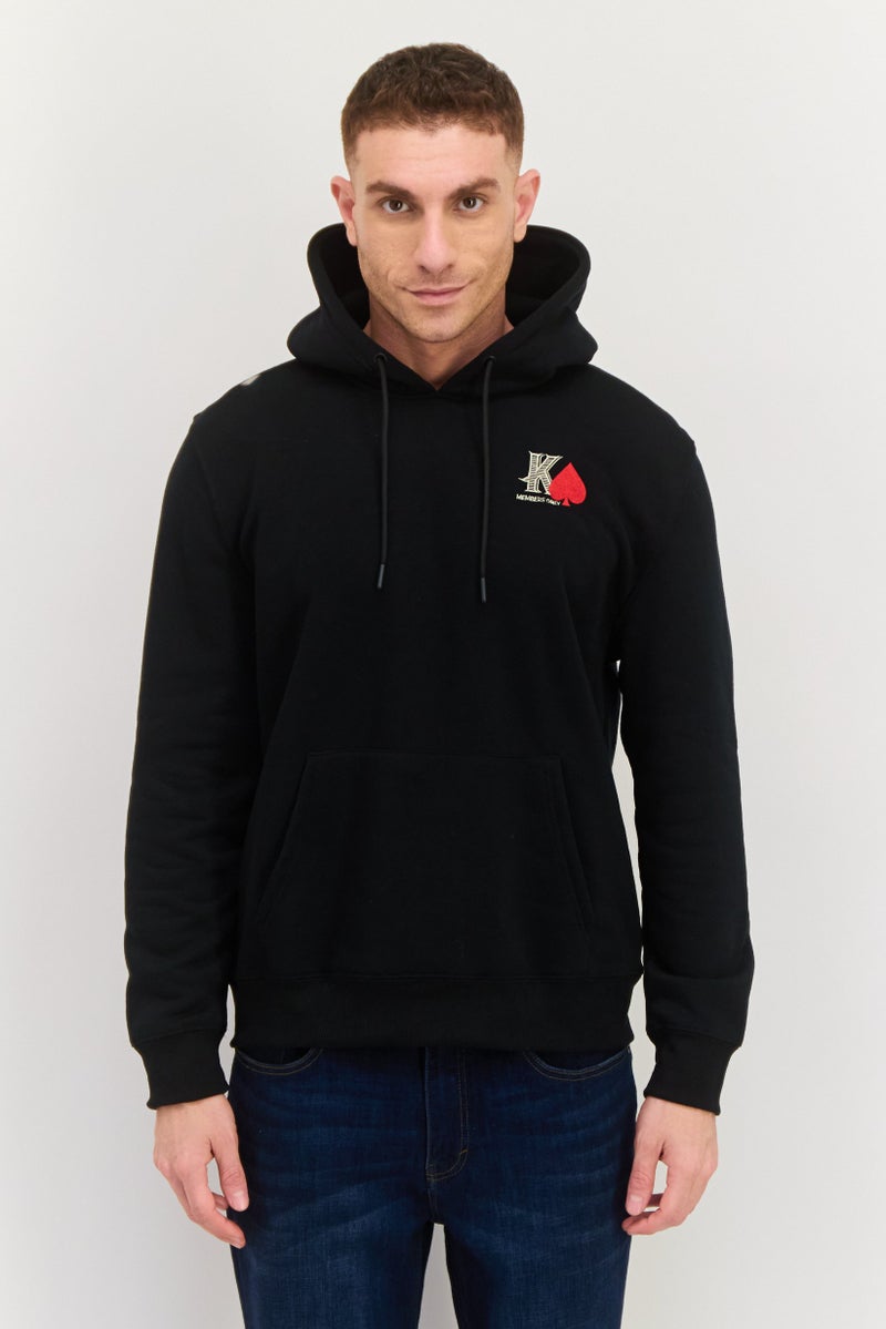 MEMBERS ONLY سويت شيرت رجالي بقلنسوة مزخرف بأكمام طويلة، أسود - Image 1