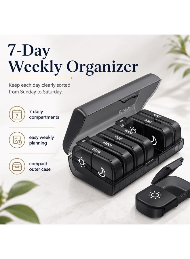 Hugifts Weekly Pill Organizer 2 Times a Day, Pill Box 7 Day with One-Side Large Openings for Easy to Use, Black Privacy Protection AM PM Pill Case for Medication, Vitamins, Fish Oils, Supplements | XL Pill Box 7 Day, Black Privacy Protection AM PM Pill Case for Medication, Vitamins, Fish Oils, Supplements, Black - Image 2