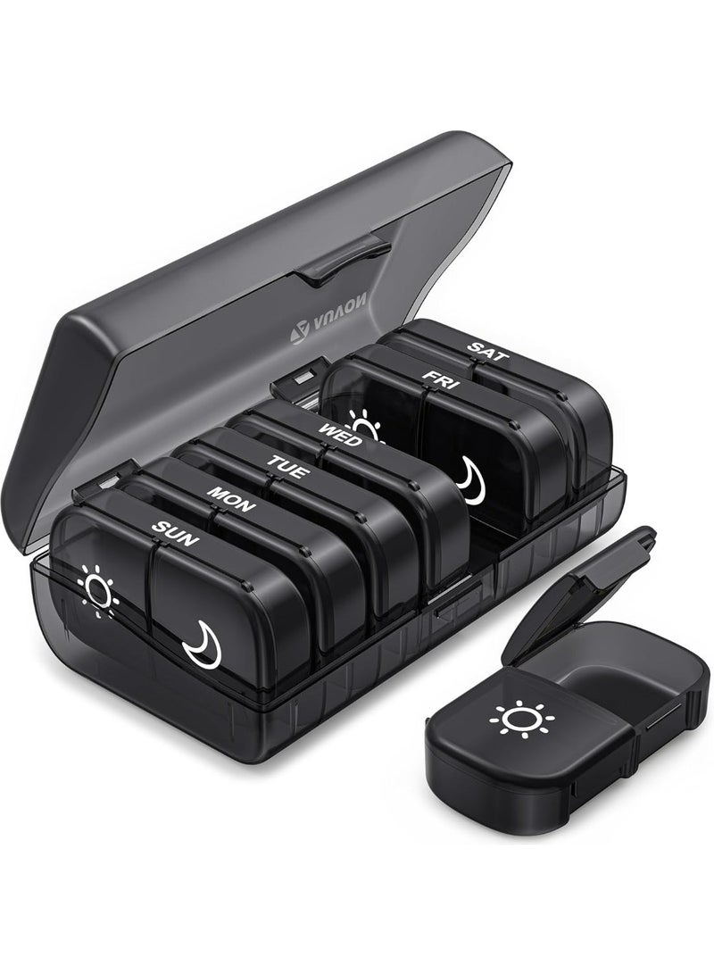 Hugifts Weekly Pill Organizer 2 Times a Day, Pill Box 7 Day with One-Side Large Openings for Easy to Use, Black Privacy Protection AM PM Pill Case for Medication, Vitamins, Fish Oils, Supplements | XL Pill Box 7 Day, Black Privacy Protection AM PM Pill Case for Medication, Vitamins, Fish Oils, Supplements, Black - Image 1