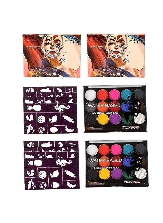 2 Sets of Face Painting Kit 15 Water Based Face Paint Colors with 2 Brushes and 4 Stencils Professional Face Body Paint Palette Set for Teens and Adults Halloween Party Cosplay Costume Makeup Easy to Clean - Image 2
