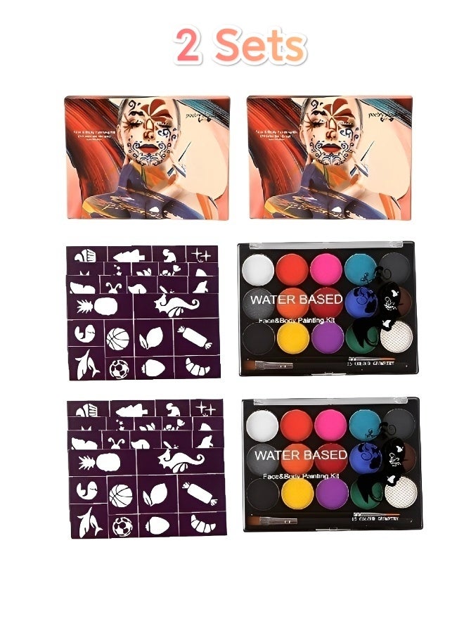 2 Sets of Face Painting Kit 15 Water Based Face Paint Colors with 2 Brushes and 4 Stencils Professional Face Body Paint Palette Set for Teens and Adults Halloween Party Cosplay Costume Makeup Easy to Clean - Image 1