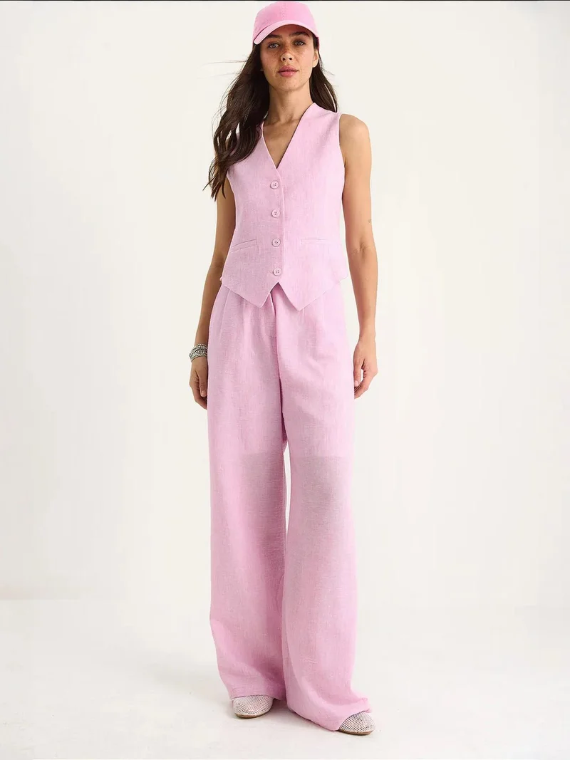 Bianco Lucci Bright Pink LUCCI V-neck Vest and Wide Leg Pants Two-Piece Coord Set for Women | Best Price UAE