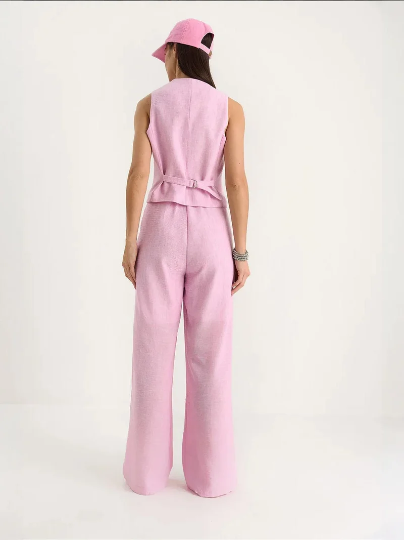 Bianco Lucci Bright Pink LUCCI V-neck Vest and Wide Leg Pants Two-Piece Coord Set for Women | Best Price UAE