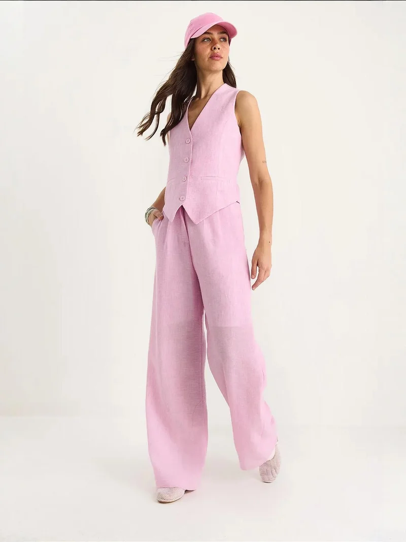 Bianco Lucci Bright Pink LUCCI V-neck Vest and Wide Leg Pants Two-Piece Coord Set for Women | Best Price UAE