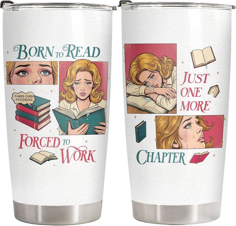 34HD Born to Read Tumbler for Book Lovers, Funny Bookworm Gift, 20oz Insulated Stainless Steel Travel Mug with Lid, Just One More Chapter Comic - Retro Bibliophile Drinkware - Image 1