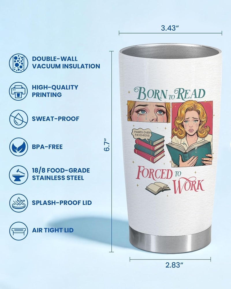 34HD Born to Read Tumbler for Book Lovers, Funny Bookworm Gift, 20oz Insulated Stainless Steel Travel Mug with Lid, Just One More Chapter Comic - Retro Bibliophile Drinkware - Image 2