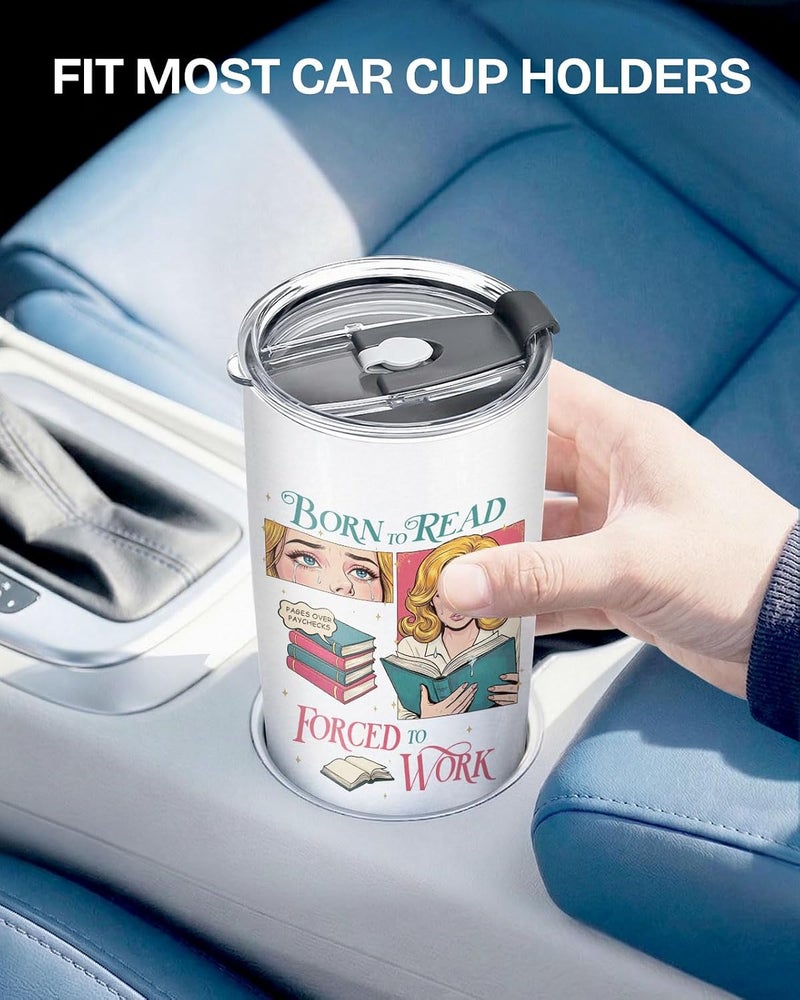 34HD Born to Read Tumbler for Book Lovers, Funny Bookworm Gift, 20oz Insulated Stainless Steel Travel Mug with Lid, Just One More Chapter Comic - Retro Bibliophile Drinkware - Image 5