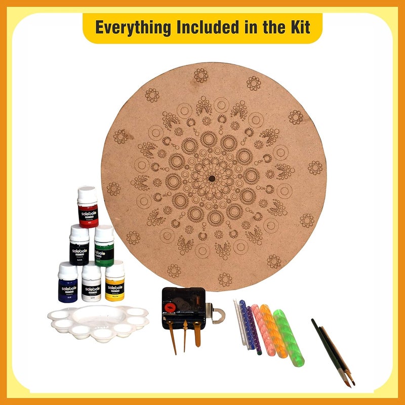 SOLOBOLO Mandala Painting Kit for Adults|DIY Mandala Clock Kit for Home Decor |Craft Materials MDF Cutouts for Art and Craft Kit|Birthday Gifts for Girls|Size-12 Inch Wall Clock MDF|Pack of 3 Sets - Image 4