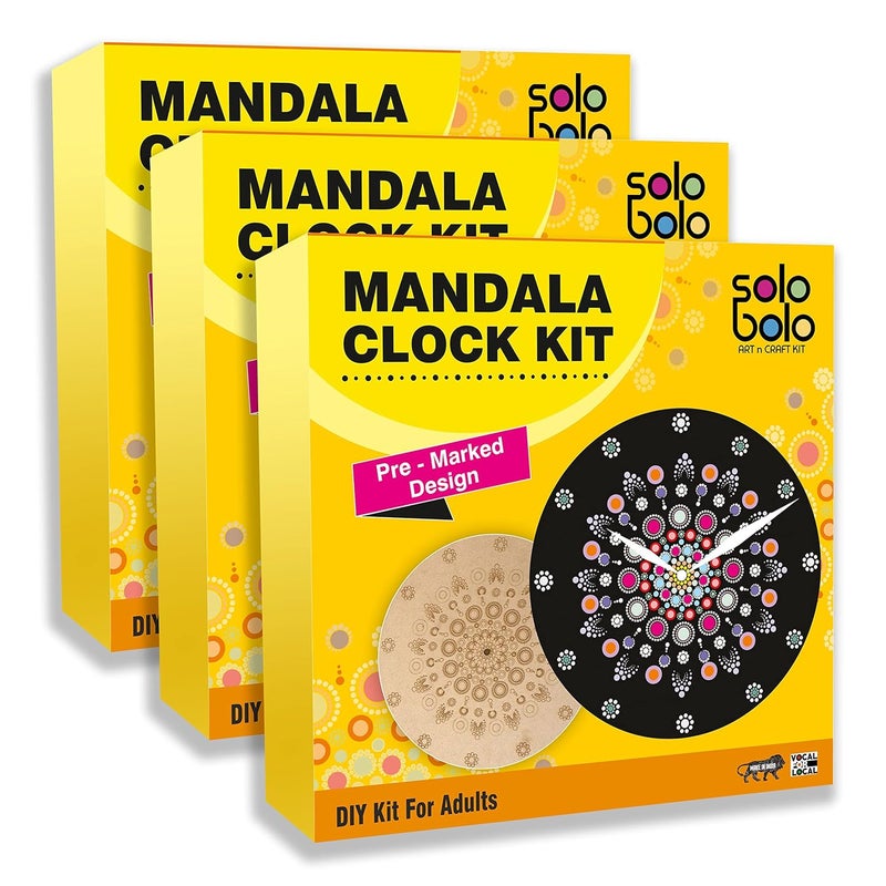 SOLOBOLO Mandala Painting Kit for Adults|DIY Mandala Clock Kit for Home Decor |Craft Materials MDF Cutouts for Art and Craft Kit|Birthday Gifts for Girls|Size-12 Inch Wall Clock MDF|Pack of 3 Sets - Image 1