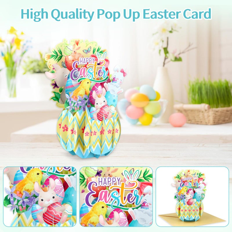 FaCraft Easter Pop Up Cards - Pop Up Easter Greeting Cards for Kids Adults with Golden Envelope, Spring Gift for Daughter Son Friend Family Grandson Granddaughter (3D Bunny & Chick Design) - Image 2
