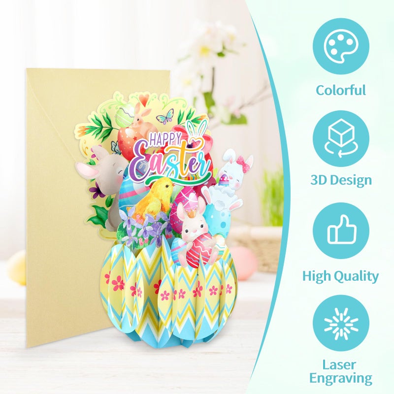 FaCraft Easter Pop Up Cards - Pop Up Easter Greeting Cards for Kids Adults with Golden Envelope, Spring Gift for Daughter Son Friend Family Grandson Granddaughter (3D Bunny & Chick Design) - Image 4