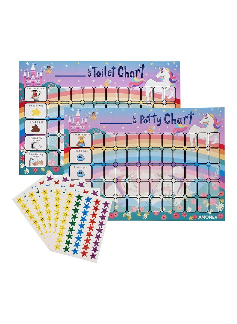 Amonev Unicorn Potty Training Reward Chart and Toilet Training Reward Chart for Boys and Girls Toddlers Twin Pack with 225 Star Stickers Included - Image 1