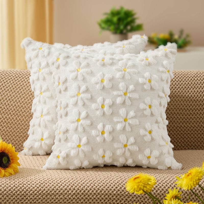 DFXSZ Spring Summer Pillow Covers 16x16 inch Set of 2 Farmhouse Decor Yellow Flower Heart Daisy Soft Plush Faux Fur Jacquard Throw Pillows for Bedroom Sofa Holiday Spring Summer Home Decor PTK024A16 - Image 2
