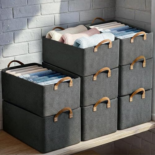 CLAPONE Foldable Storage Box and Organiser with Metal Frame/Woven Fabric Clothes Organiser with Handle/Wardrobe Organizer for Storage/Almirah Organizer for Shirts/Sweater/Jeans (grey, 8 pcs) - Image 1