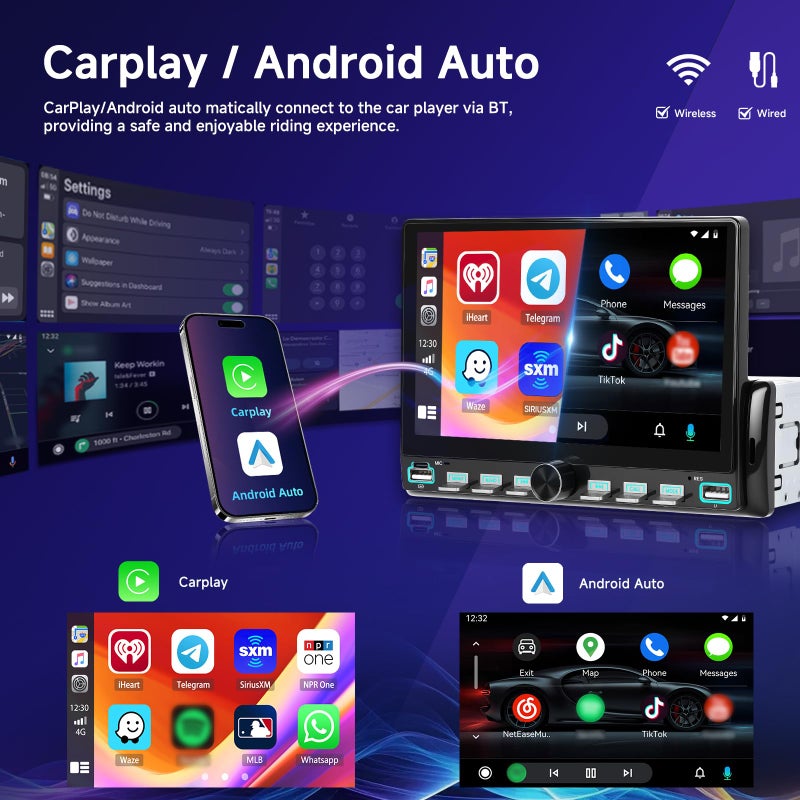 SIXWIN 7 Inch Single Din Car Stereo - Wireless CarPlay & Android Auto, Mirror Link, Steering Wheel Control, Bluetooth, FM Radio, 7 Color Lights, EQ Adjustment, Online Video Support for Most Vehicles - Image 2