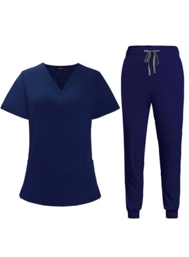 Generic Summer Doctor and Nurse Work Uniform Beauty Hospital Pet Dental Operating Room Washing Clothes Set (Dark Blue)  - Image 1