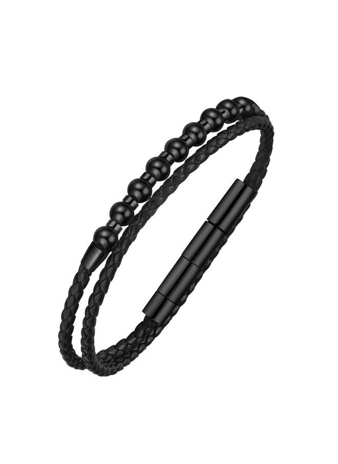 POLICE Kingpins Bracelet for Men Black Beads with Black Leather  - Image 2