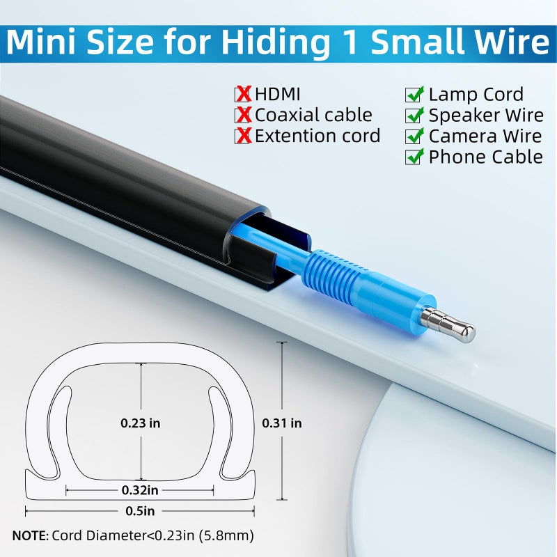 Yecaye 128in Wall Cord Hider for 1 Mini Wire, On-Wall Cord Cover Channel, Wire Concealer, Cable Cover Cable Management for Home Office, W0.5in H0.31in, Black - Image 2