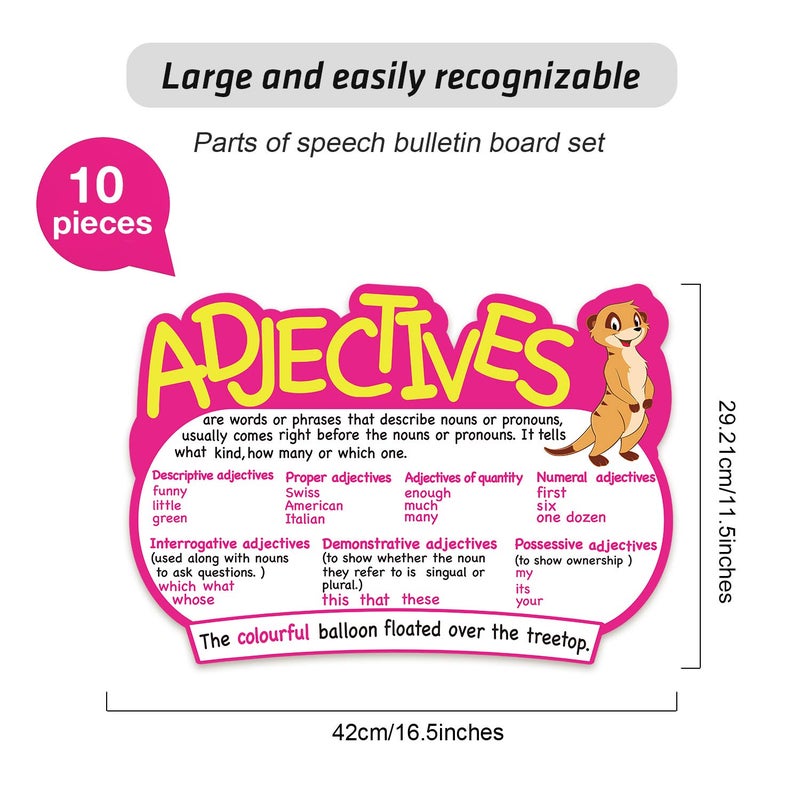 Outus 10 Pcs Parts of Speech Poster Grammar Poster Educational Grammar Cutouts Bulletin Board Set for Classroom Teachers Elementary Homeschool Essentials, 16.5 x 11.5 Inches (Bright Color,Animal) - Image 2