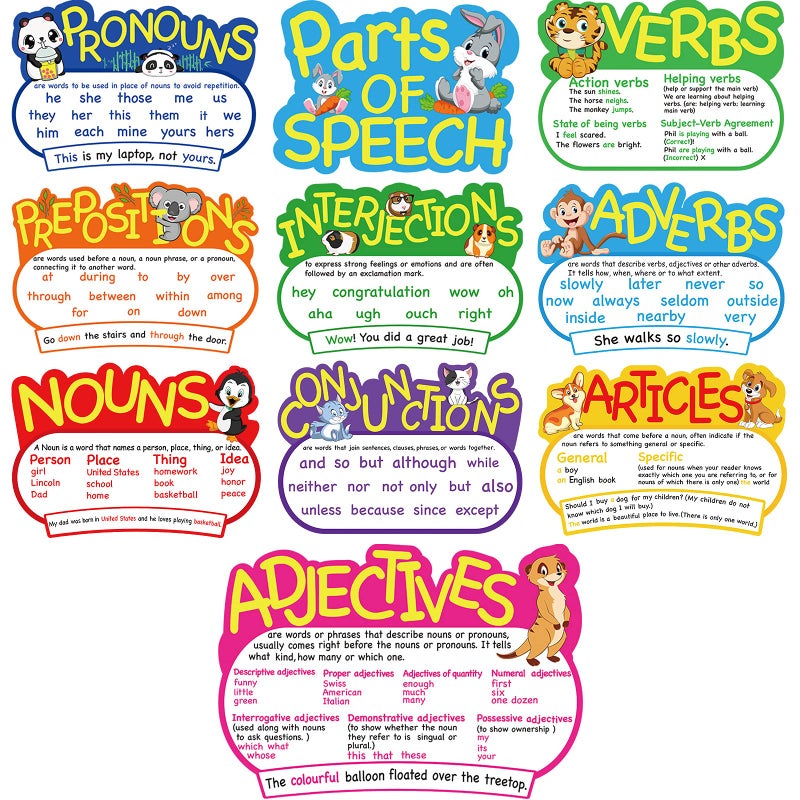 Outus 10 Pcs Parts of Speech Poster Grammar Poster Educational Grammar Cutouts Bulletin Board Set for Classroom Teachers Elementary Homeschool Essentials, 16.5 x 11.5 Inches (Bright Color,Animal) - Image 1