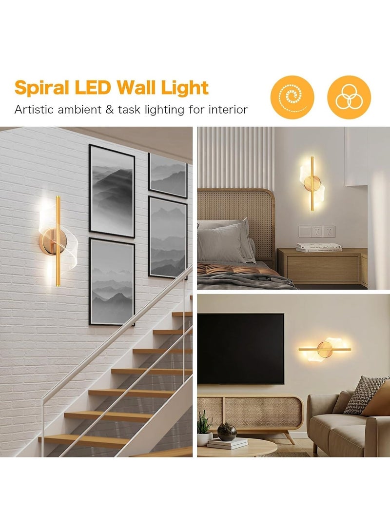 Monda Modern LED Wall Sconce- 12" Height Spiral Wall Lamp with Acrylic Shade Light Luxury Bedroom Bedside Tie Wall Lamp Minimalist Nordic Living Room Home Art Corridor Staircase Background Wall for Bedroom Living Room Hallway Corridor (Gold 1 pack) - Image 4