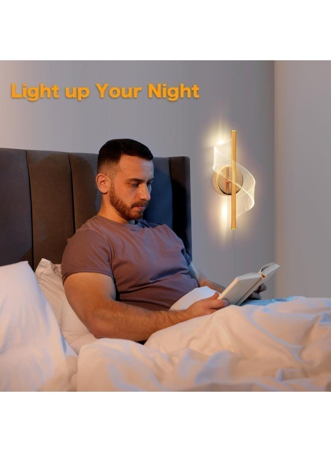 Monda Modern LED Wall Sconce- 12" Height Spiral Wall Lamp with Acrylic Shade Light Luxury Bedroom Bedside Tie Wall Lamp Minimalist Nordic Living Room Home Art Corridor Staircase Background Wall for Bedroom Living Room Hallway Corridor (Gold 1 pack) - Image 5