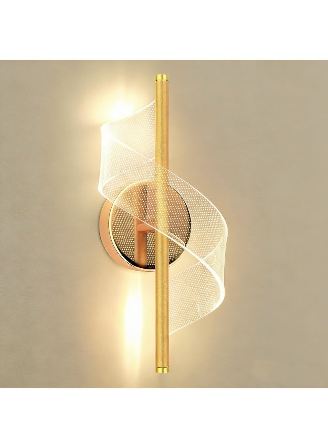 Monda Modern LED Wall Sconce- 12" Height Spiral Wall Lamp with Acrylic Shade Light Luxury Bedroom Bedside Tie Wall Lamp Minimalist Nordic Living Room Home Art Corridor Staircase Background Wall for Bedroom Living Room Hallway Corridor (Gold 1 pack) - Image 2