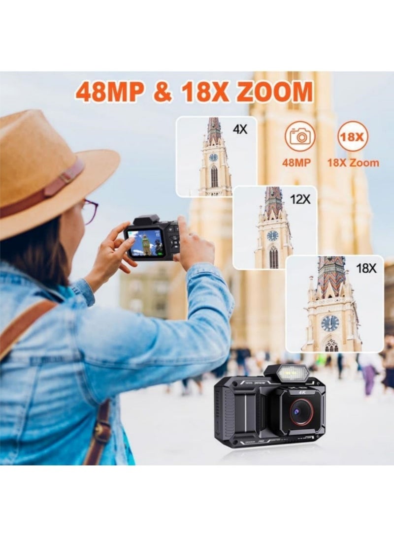 إثارة كاميرا رقمية بدقة 48 ميجابكسل 4K للتصوير الفوتوغرافي، كاميرا رقمية مقاس 2.8 بوصة مع بطاقة SD سعة 32 جيجابايت، تقريب رقمي 18X، فلاش وبطارية 2500 مللي أمبير في الساعة، كاميرا فيديو للتدوين على YouTube ككاميرا ويب - Image 3
