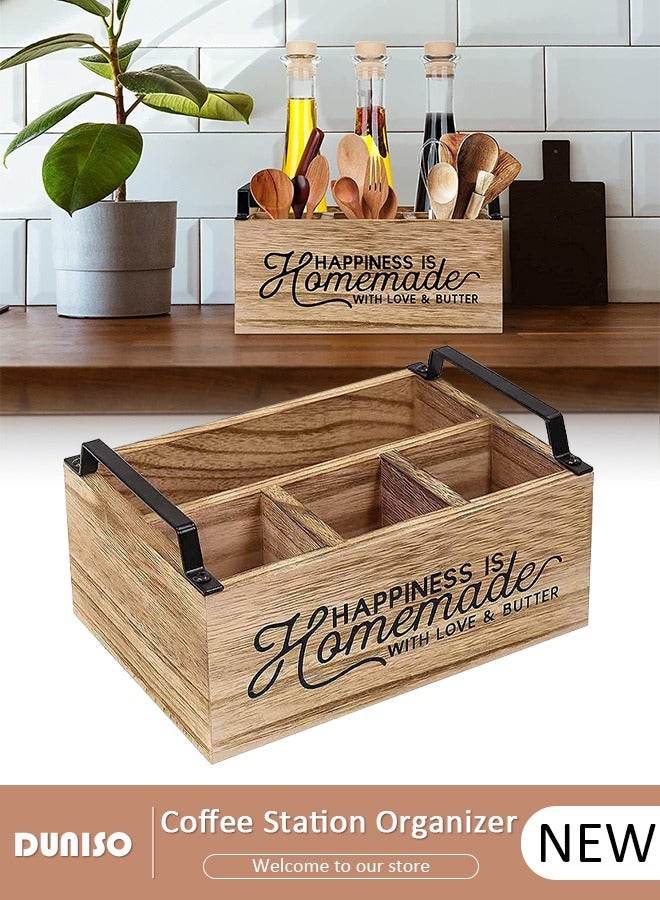 Kitchen Utensil Holder  Rustic Large Wooden Utensil Organizer with 4 Compartment  Silverware Caddy with Handle for Forks  Spoons Plates  Napkins Utensil Caddy for Kitchen Counter  Party Camping Picnic - Image 1