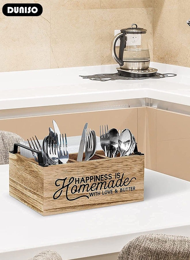Kitchen Utensil Holder  Rustic Large Wooden Utensil Organizer with 4 Compartment  Silverware Caddy with Handle for Forks  Spoons Plates  Napkins Utensil Caddy for Kitchen Counter  Party Camping Picnic - Image 5