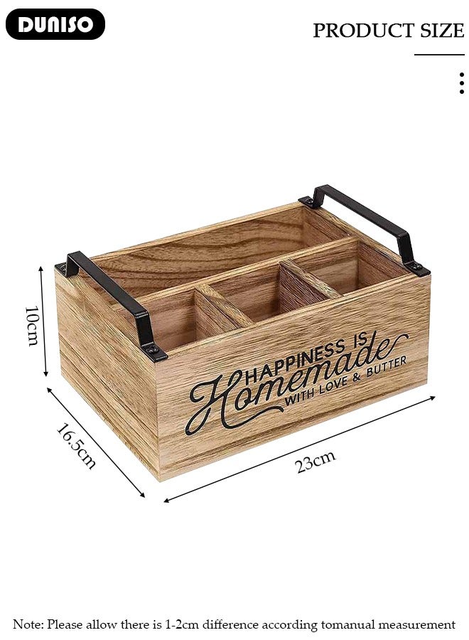 Kitchen Utensil Holder  Rustic Large Wooden Utensil Organizer with 4 Compartment  Silverware Caddy with Handle for Forks  Spoons Plates  Napkins Utensil Caddy for Kitchen Counter  Party Camping Picnic - Image 4