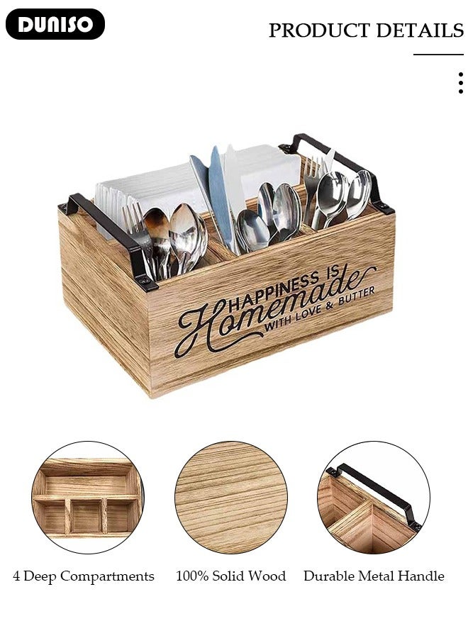 Kitchen Utensil Holder  Rustic Large Wooden Utensil Organizer with 4 Compartment  Silverware Caddy with Handle for Forks  Spoons Plates  Napkins Utensil Caddy for Kitchen Counter  Party Camping Picnic - Image 2