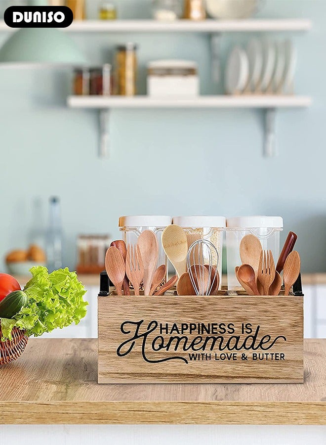 Kitchen Utensil Holder  Rustic Large Wooden Utensil Organizer with 4 Compartment  Silverware Caddy with Handle for Forks  Spoons Plates  Napkins Utensil Caddy for Kitchen Counter  Party Camping Picnic - Image 3