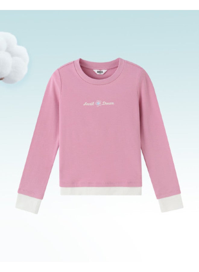 Annil Girls' Round Neck Long Sleeve T-shirt 2025 Autumn New Short Style Versatile Fashion Color Block Stretchy Base Layer Top - Image 1