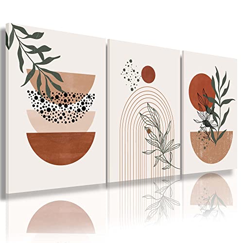 YongArt Boho Wall Art Prints，Boho Wall Decor, Mid Century Modern Wall Art，Set of 3 Prints, Abstract Geometric Prints Black Beige Terracotta Minimalist Art, Natural Framed Canvas Prints Artwork For Living Room - Image 1