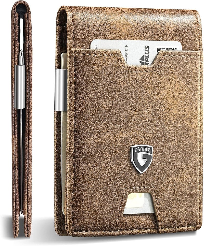 GSOIAX Men's Slim RFID Blocking Leather Wallet with Money Clip Minimalist Carbon Fiber Bifold Credit Card Holder 11 Card Slots Gift Box Included(Leather Brown), Leather Brown, Slim - Image 1