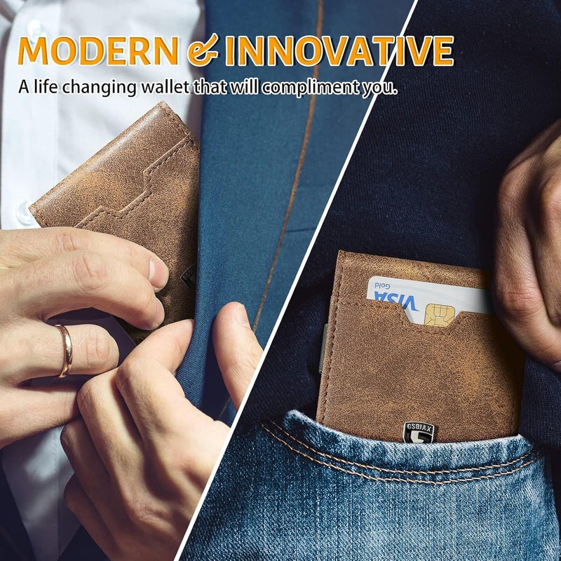 GSOIAX Men's Slim RFID Blocking Leather Wallet with Money Clip Minimalist Carbon Fiber Bifold Credit Card Holder 11 Card Slots Gift Box Included(Leather Brown), Leather Brown, Slim - Image 2