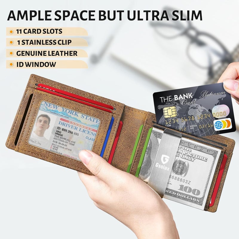 GSOIAX Men's Slim RFID Blocking Leather Wallet with Money Clip Minimalist Carbon Fiber Bifold Credit Card Holder 11 Card Slots Gift Box Included(Leather Brown), Leather Brown, Slim - Image 5