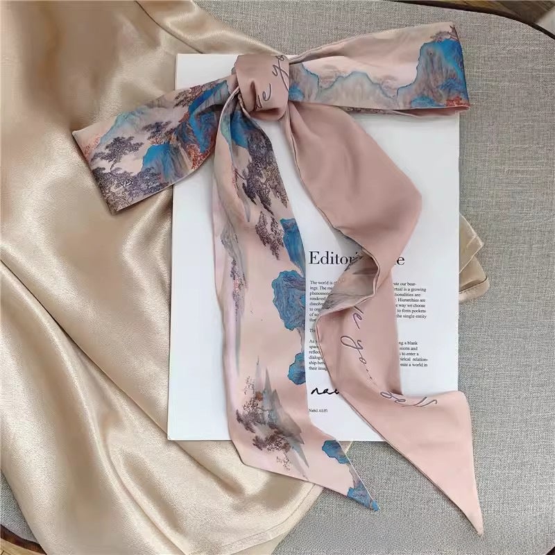 Generic French Silk Scarf Hair Tie Retro Butterfly Ribbon Danqing landscape bean paste 6*90CM 