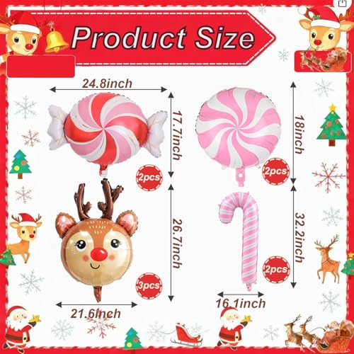 YOUDICT 9PCS Reindeer Balloon Pink Candy Cane Balloon Set Christmas Balloons Foil for Holiday Birthday Party Christmas Party Decorations - Image 5