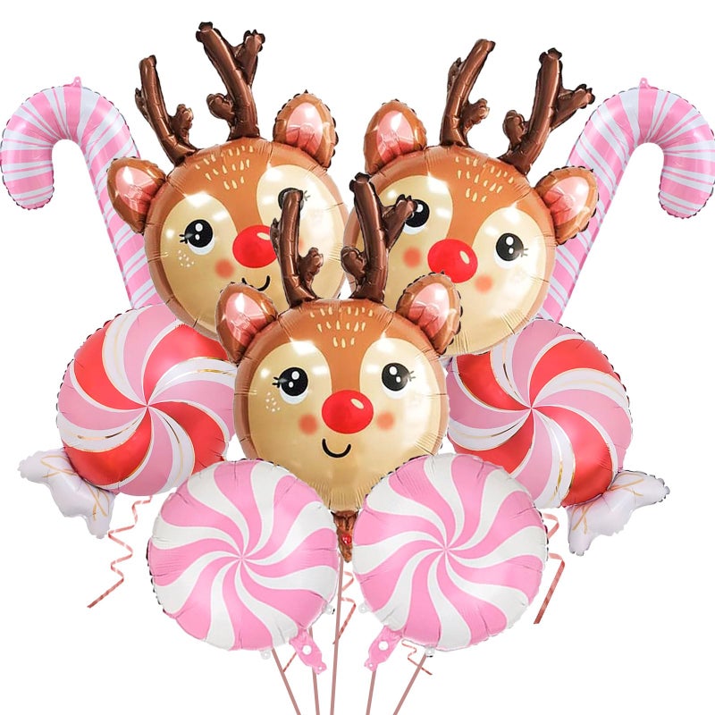 YOUDICT 9PCS Reindeer Balloon Pink Candy Cane Balloon Set Christmas Balloons Foil for Holiday Birthday Party Christmas Party Decorations - Image 3