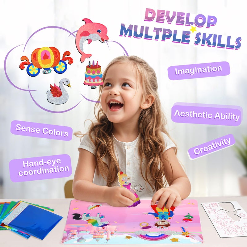 URMYWO Fun Foil Art Craft Supplies Kits, Princess Arts and Crafts for Kids Ages 4-8, No Mess DIY Creative Activity Sticker & Coloring Books,Easter Basket Stuffers,Gifts for 4 5 6 7 8 9 10 Year Old Girls Boys - Image 3