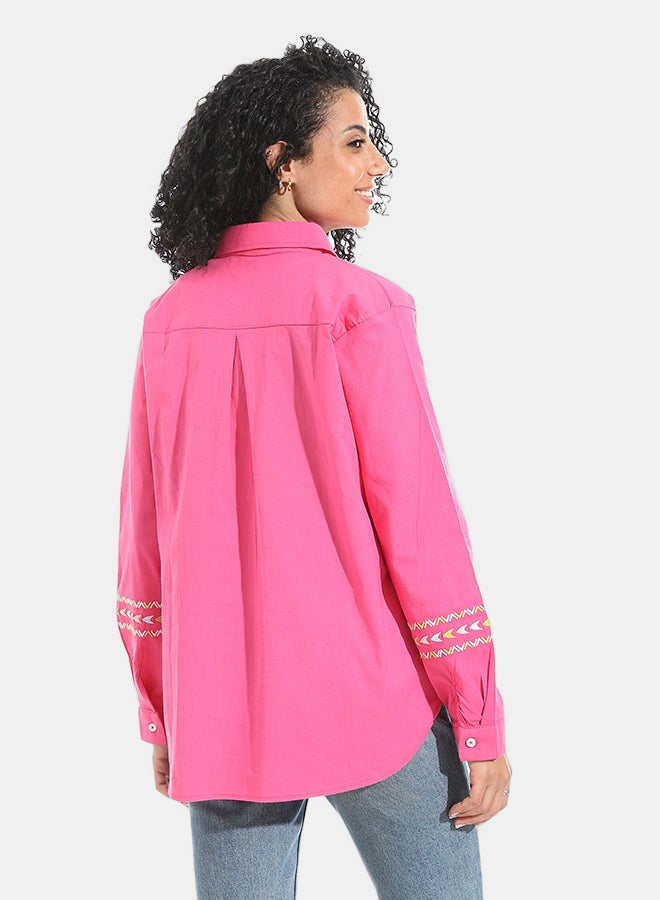 Andora Embrodired Long Sleeves Turned Down Collar Shirts _ Pink & White & Yellow - Image 4