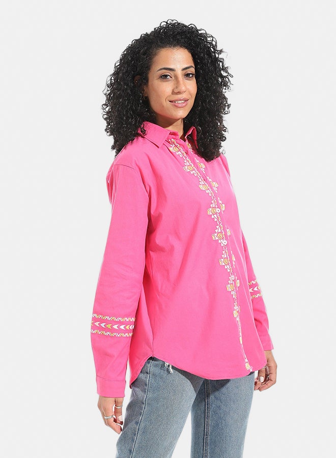 Andora Embrodired Long Sleeves Turned Down Collar Shirts _ Pink & White & Yellow - Image 3