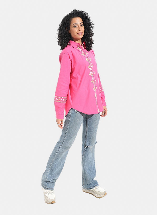 Andora Embrodired Long Sleeves Turned Down Collar Shirts _ Pink & White & Yellow - Image 5